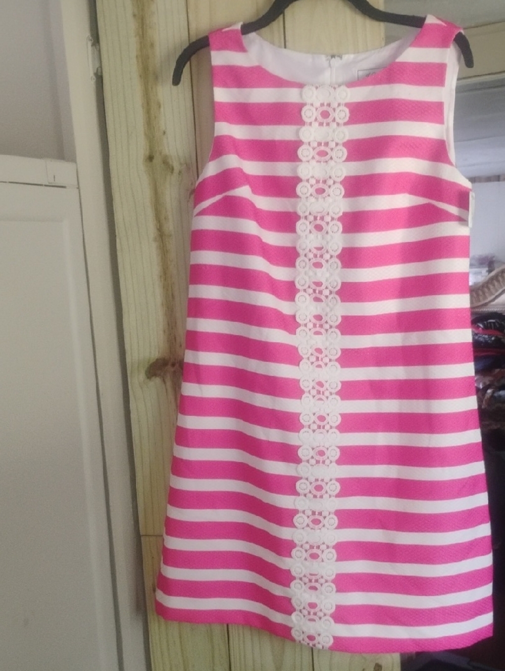 Sleeveless Pink and White Striped Midi Dress with Lace Trim